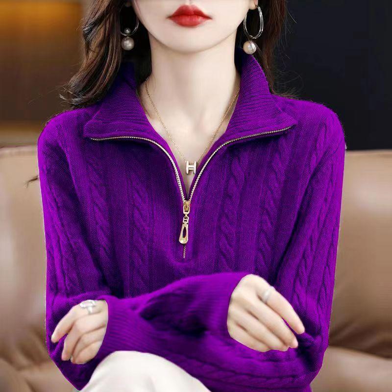 Women's Pullover Sweater for Autumn and WinterThick Half-High Neck Solid Color Knitwear Loose Casual Knit Top
