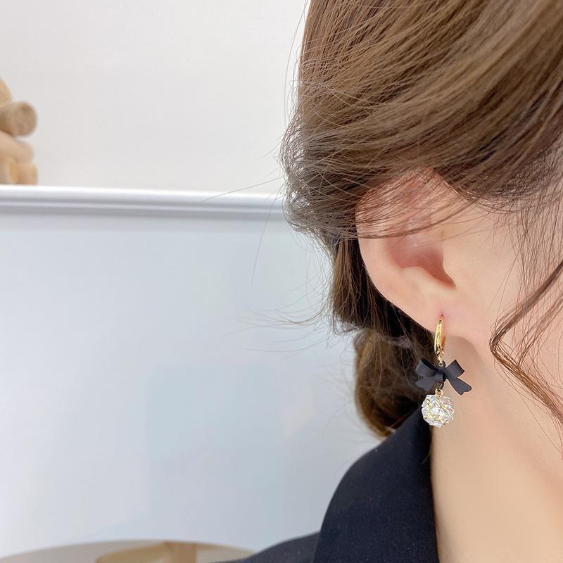 New Fashion Jewelry 14K Real Gold Plating Zircon Ball Pendant Black Ribbon Bow Knot Earrings Elegant Women's Prom Party Earrings
