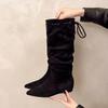 Inside Heightened Tall Boots Autumn New Pointed Toe Suede Lace-Up Rear Soft Sole Anti-Slip Wear-Resistant Low Heel Shoes