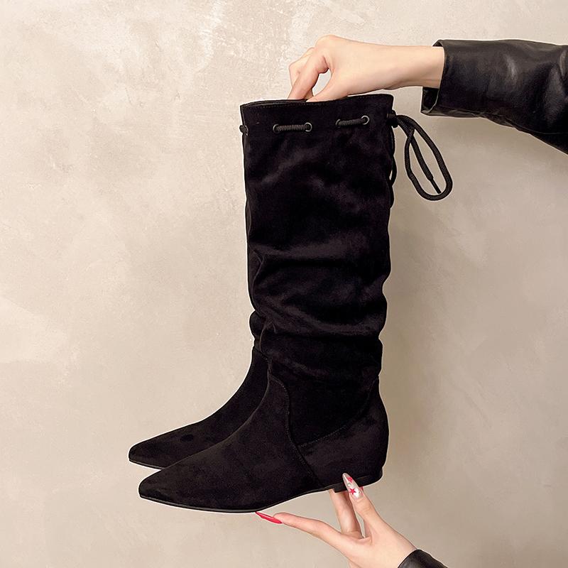 Inside Heightened Tall Boots Autumn New Pointed Toe Suede Lace-Up Rear Soft Sole Anti-Slip Wear-Resistant Low Heel Shoes