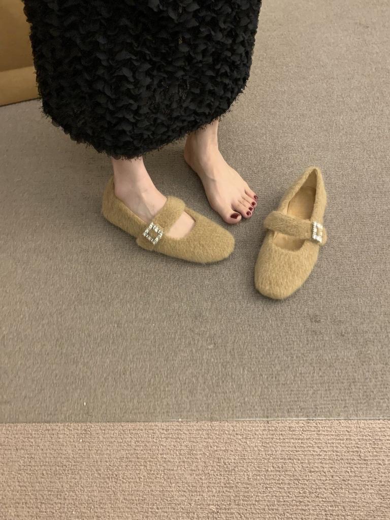 One-word Leopard Print Velvet Thermal Cotton Shoes Women's Winter Mary Jane Fluffy Shoes Retro Flat Birkenstocks