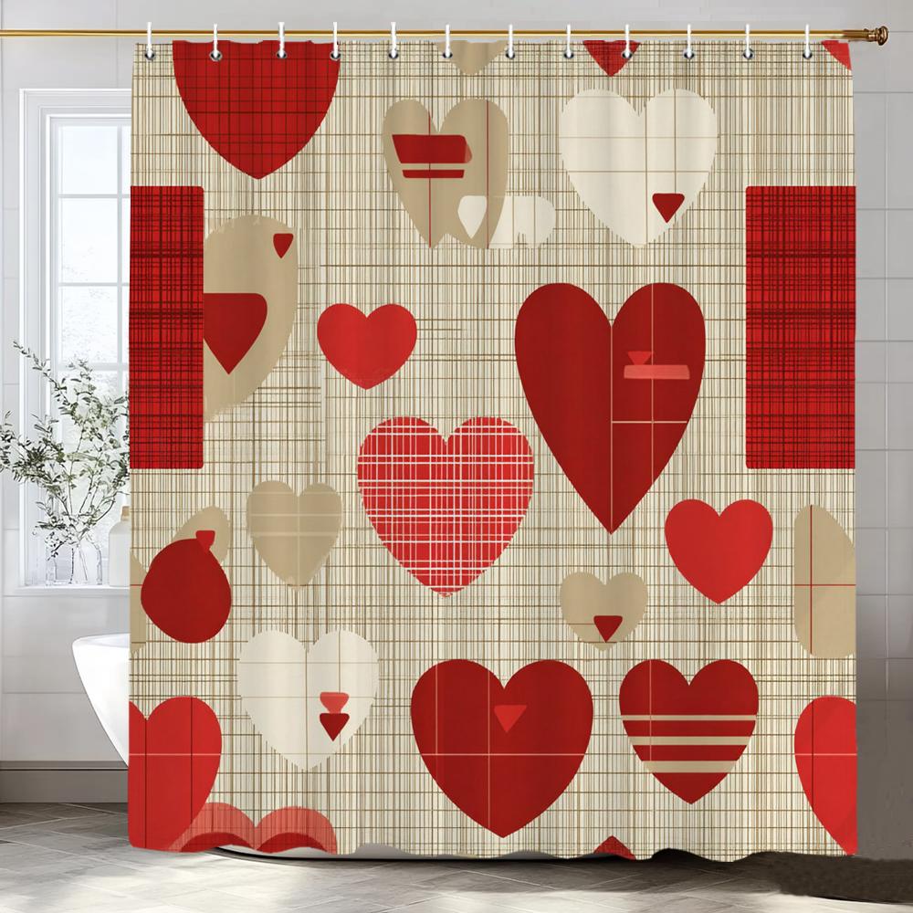 Modern heart-shaped Red Love Pattern Shower Curtain, Bathroom Decorative Shower Curtain, Waterproof Shower Curtain with Hooks