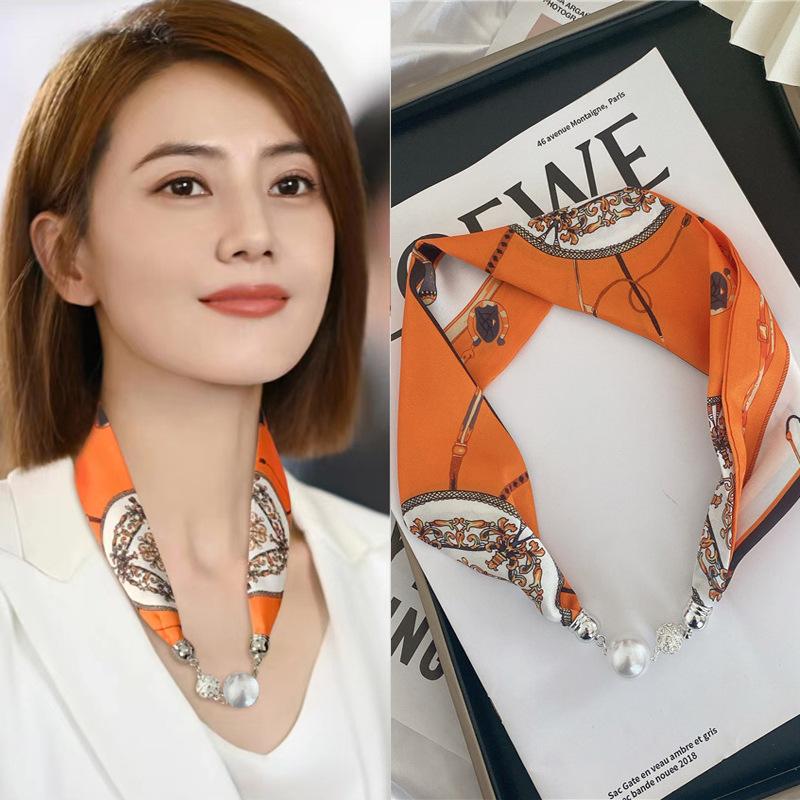 New Luxury Design Magnetic Pearls Button Silk Scarf Women Summer Neck Ornament Silk Scarves Lady Shirt Sunscreen Decoration Gift
