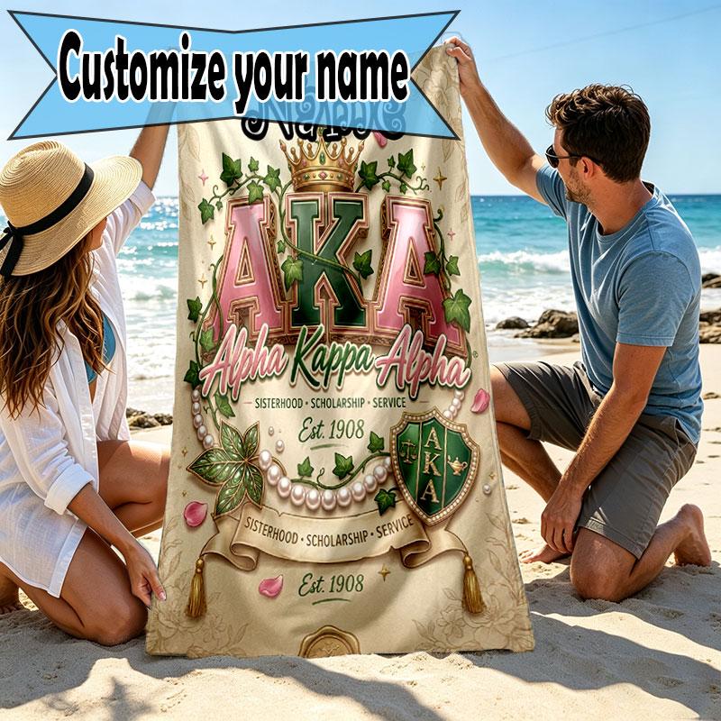 Custom Name Personalized Alpha Kappa Alpha Print Beach Towel, for Trip Camping Beach Party Home Decor, Birthday Gift for Family & Friends