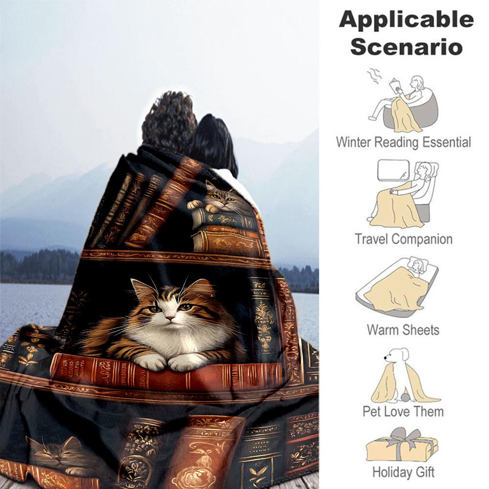 1PC Bookshelf, catsOutdoor Flannel Blanket - Soft Plush Decor for Picnics, Camping, Bedroom, Playroom, Office, or Lunch Break 1291A