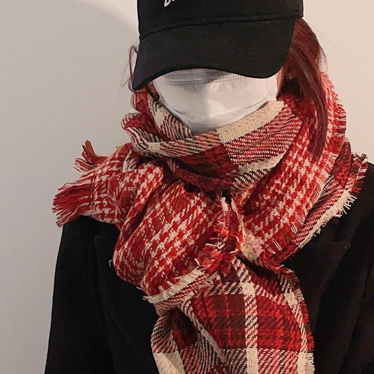 Red Plaid Scarf Women's Winter Chinese New Year Warm Couple Christmas Gift Plaid