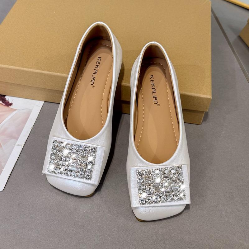 Fashion Flat French Shallow Single Shoes 2025 Summer New Square Toe Rhinestone Soft Sole Versatile Bean Shoes French