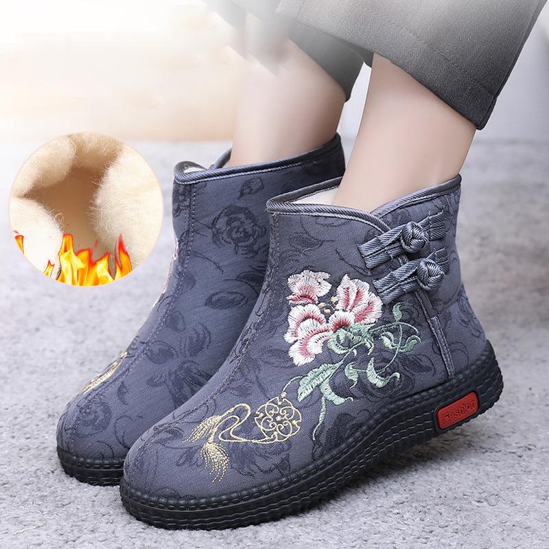 Fortykket Blomsterbroderi Dame Vinterstøvler Foret Snøstøvler Varme Sko Mødres Flatsko Casual