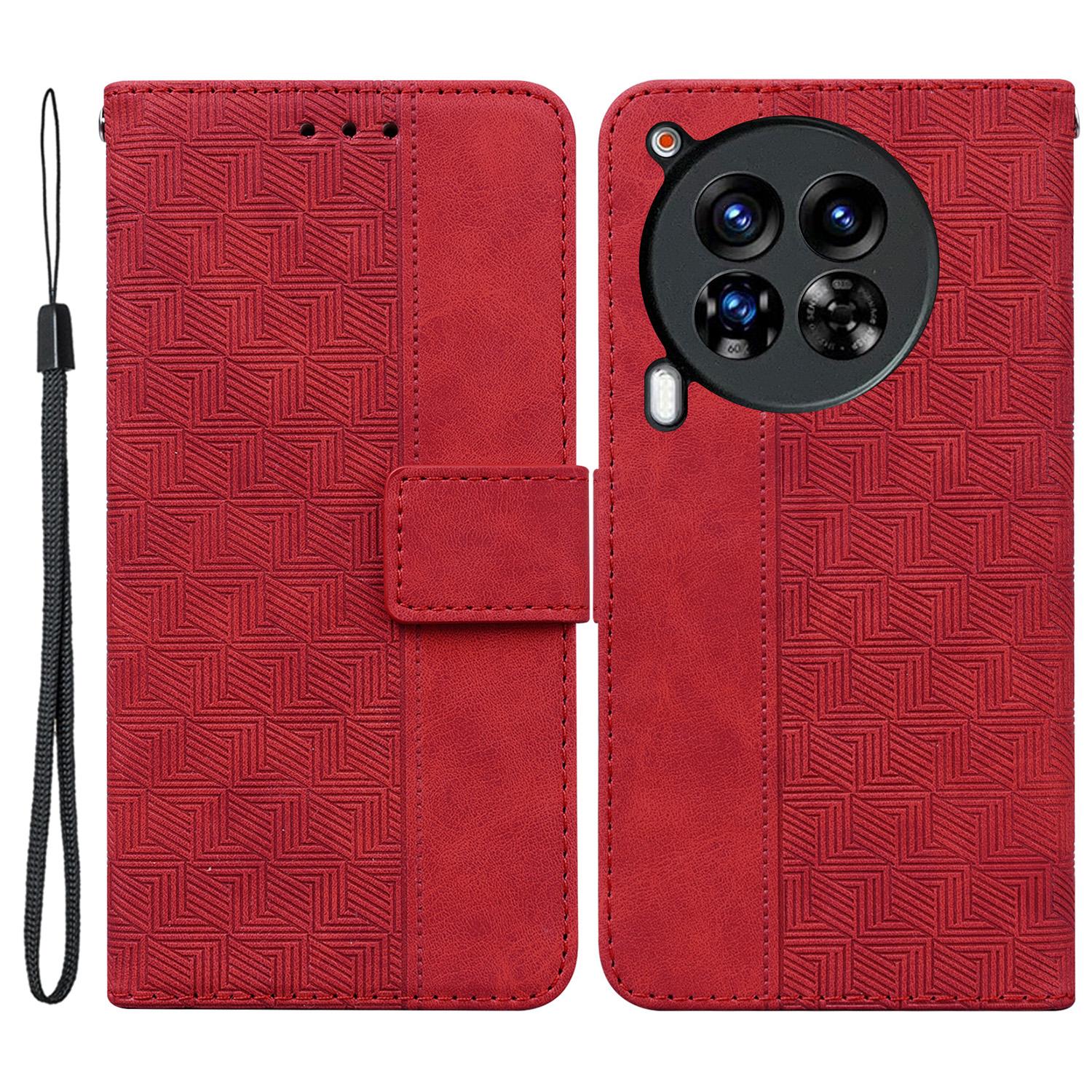 

For TECNO Camon 30 Premier 5G Wallet Case Geometry Imprint Leather Phone Cover with Strap Red