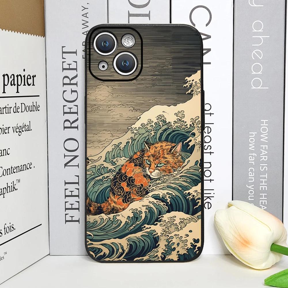 Japan The Great Wave of Kanagawa Cat Phone Case for IPhone 12 Mini 11 13 14 15 16 Pro X XS Max 7 8Plus SE2 Soft Cover Art Fundas