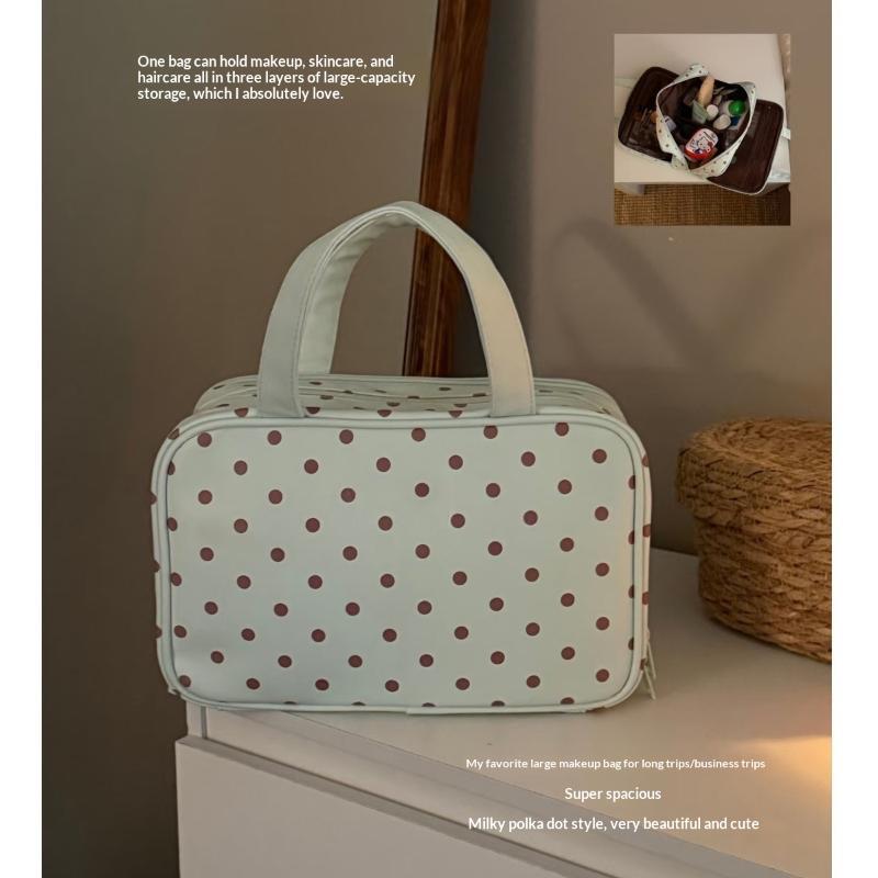 Polka Dot Handheld Makeup Bag Multifunctional Three Layer Partition Pu Cosmetic Bag Large Capacity Waterproof Travel Storage Bag