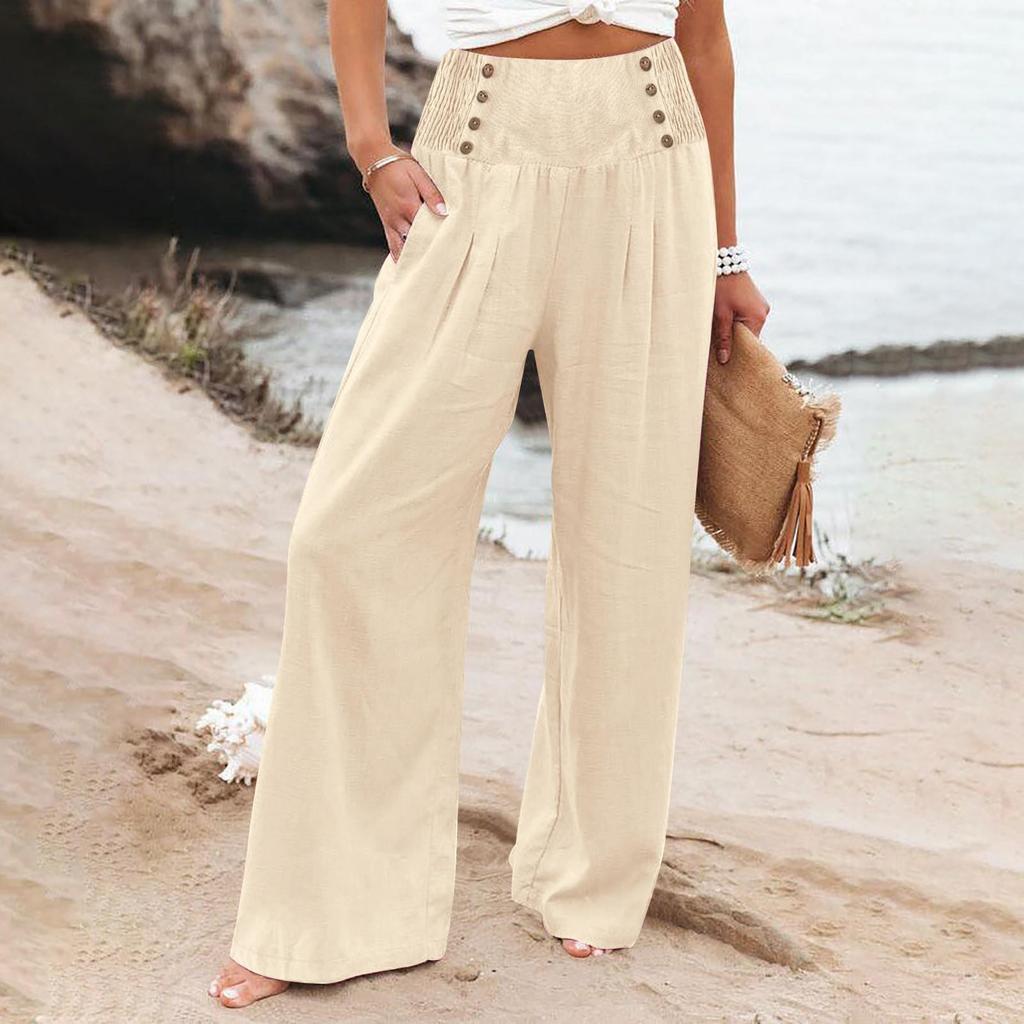 Women's Loose Cotton Linen High Waist Wide Leg Pants - Spring/Summer Casual Elastic Waist