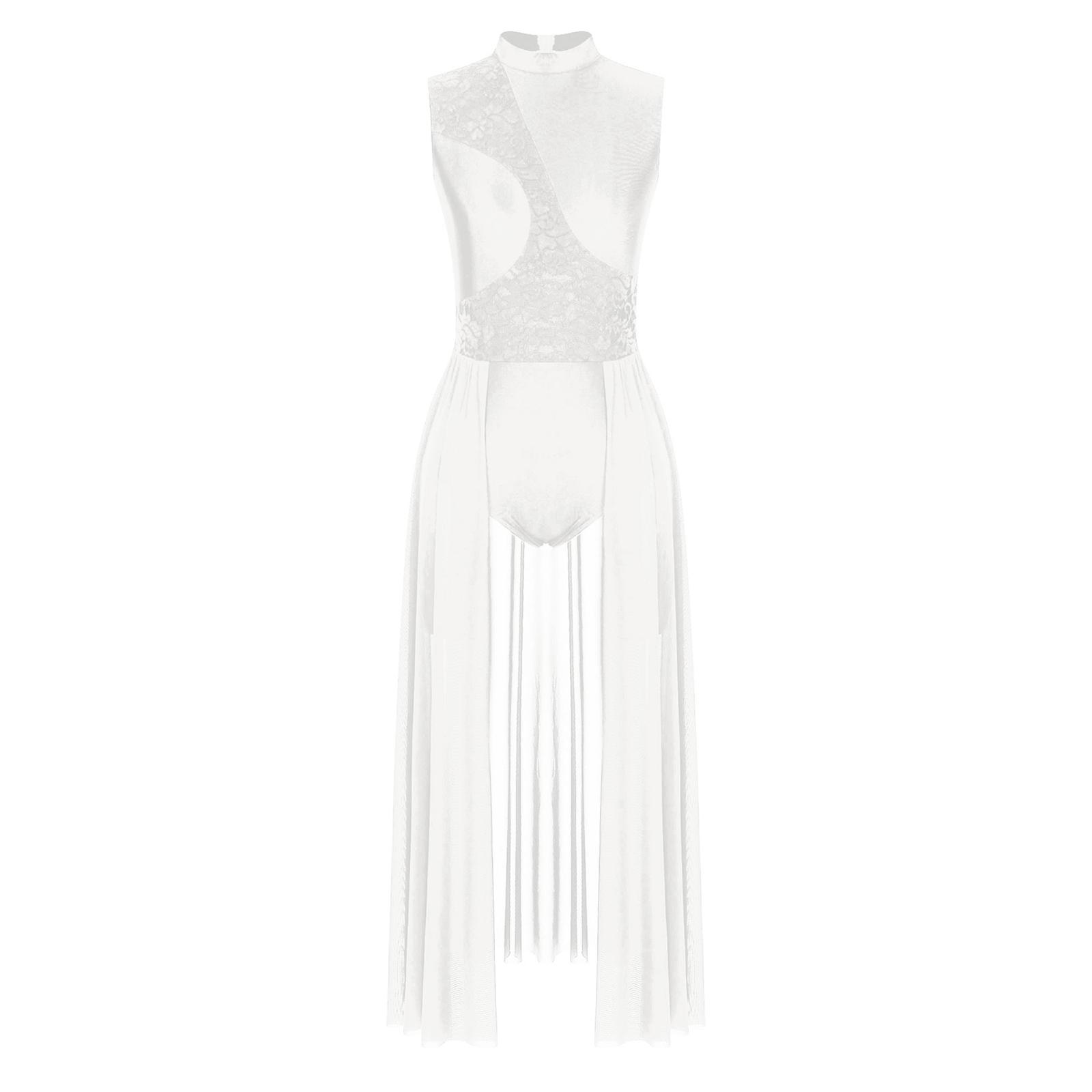 

Жіночий леотард-сукня з квітковим мереживом, дизайн з коміром-стійкою, відкрита спина, без рукавів, костюм для ліричного танцю S білий