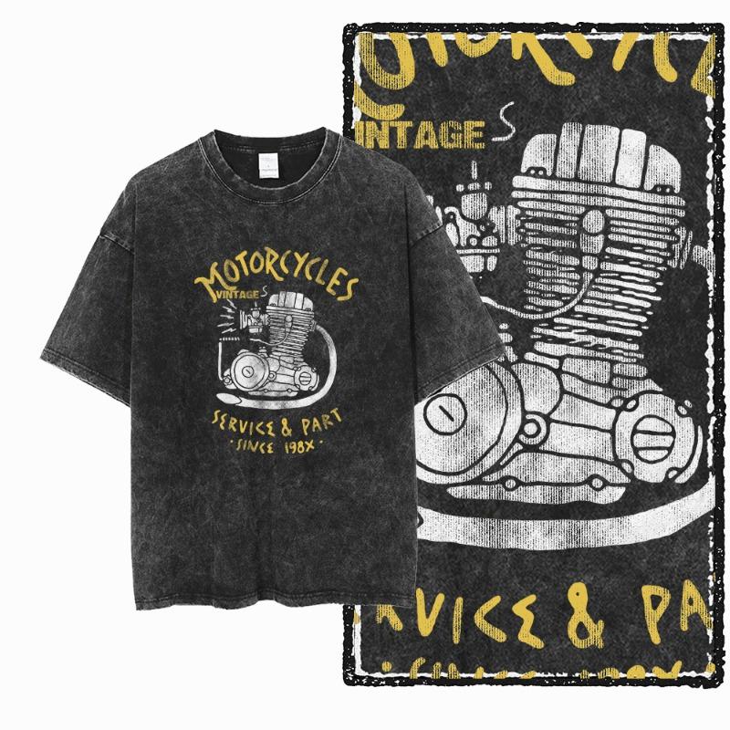 YM MOTOR CYCLE THEME Printed Cotton Acid Washed Graphic Unisex T Shirt Cool Streetwear Tshirts Big Size Tee for women S