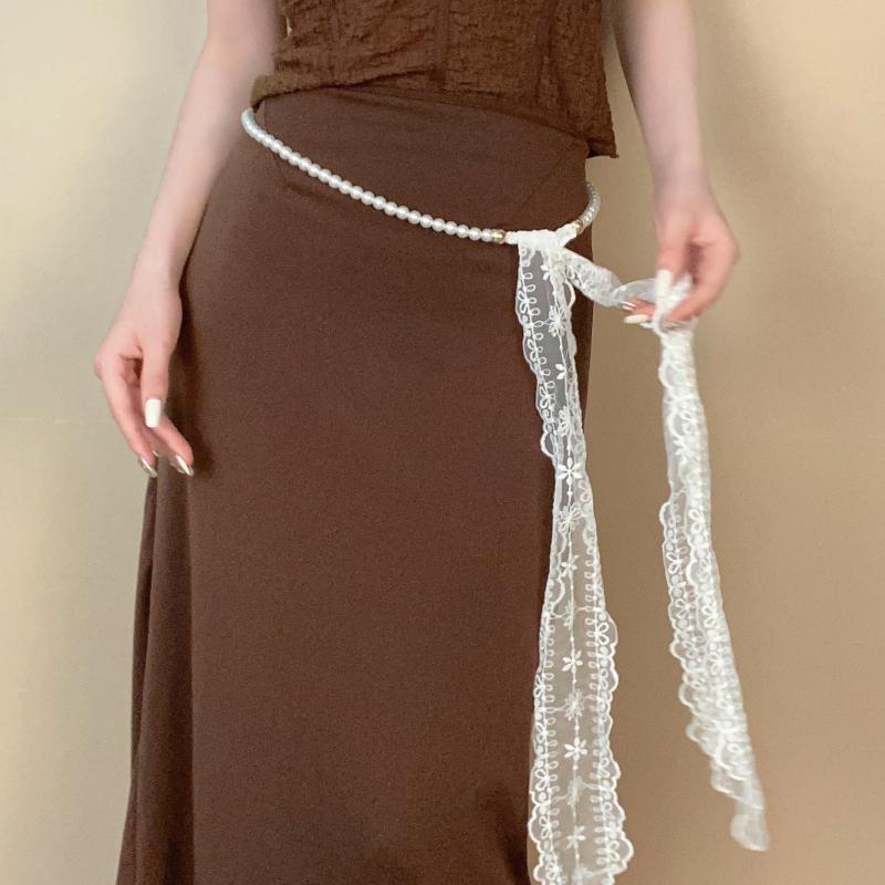 Fashion Y2k Long Lace Imitation Pearl Waistband Floral Bow Thin Tie-Up Belt For Dress Jeans Clothing Accessory