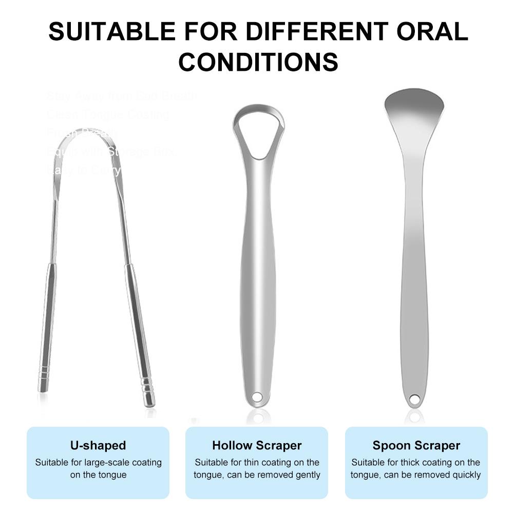 Oral Tongue Coating Cleaner Tongue Scraper 3Pcs Tongue Scrubber for Adults Kids Medical Grade Metal