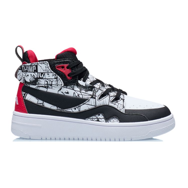 LiNing 937 Graffiti High-Top Skate Shoes Kids Skate Shoes Black White Red YKCR150-1