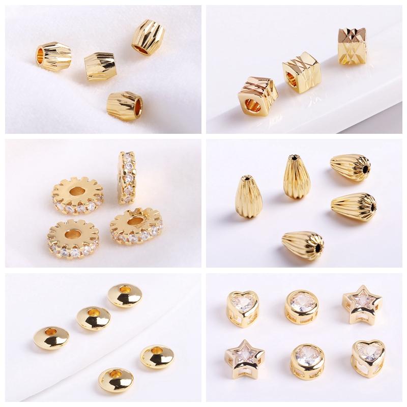 14K Gold Plated Hollow Spacer Beads Brass Metal Inlaid Zircon Jewelry Making Beads High Quality Round Beads Wholesale