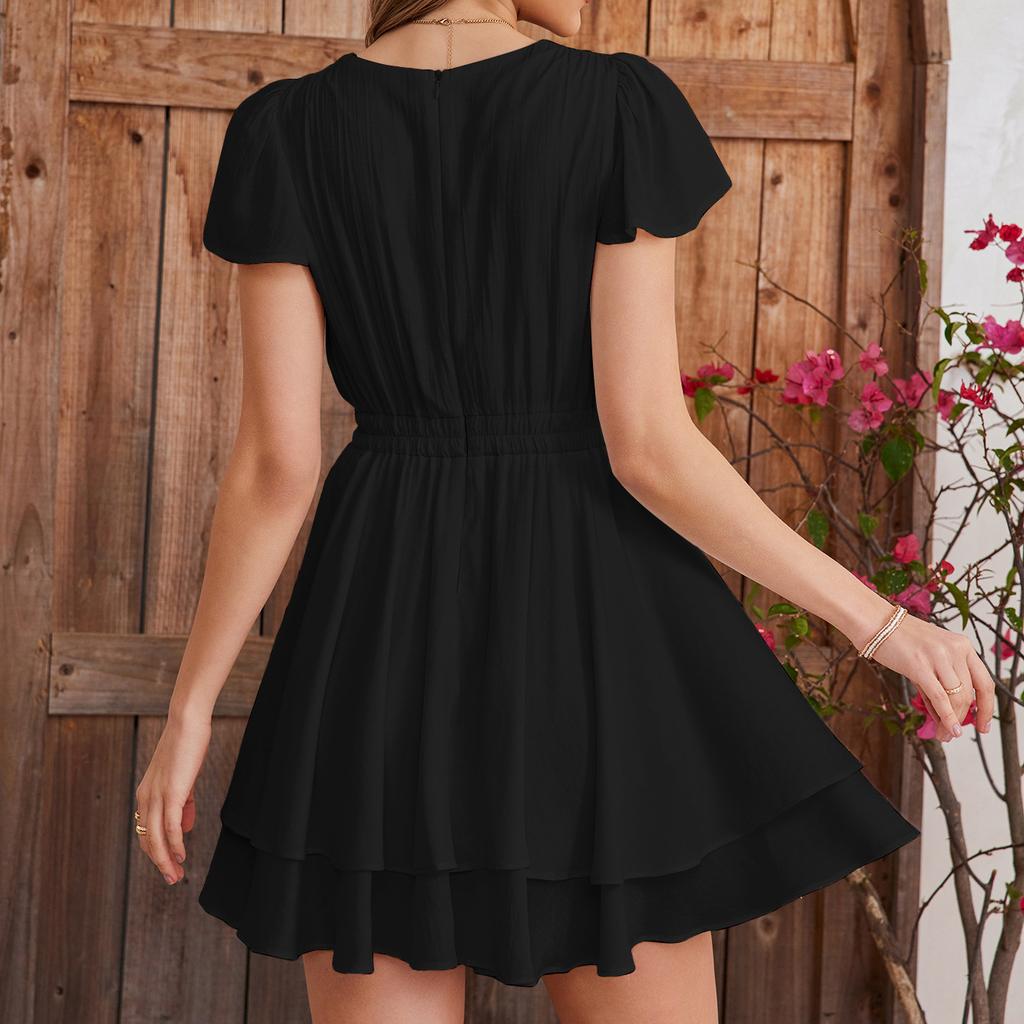 Elegant temperament solid color dress, European and American sexy deep V-neck waist ruffle edge flying sleeves A-word short skirt
