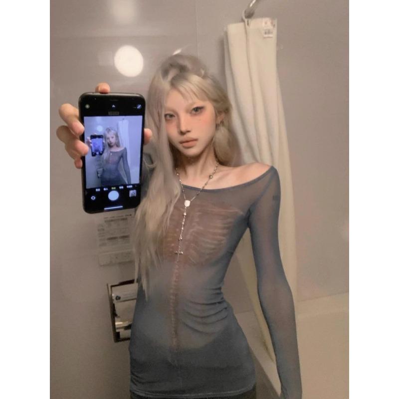 Vintage tisk Streetwear trička Průhledný výstřih Slim Fit Fairy Grunge Tops Gáza Y2k Estetické tričko Harajuku ženy