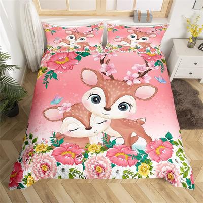 Cartoon-Tier-Bettbezug-Set Zoo-Tier Sikahirsch Bettdeckenbezug Mikrofaser Rosa Blumiges Bettwäsche-Set Einzelbett Zweibett für Mädchen Jungen