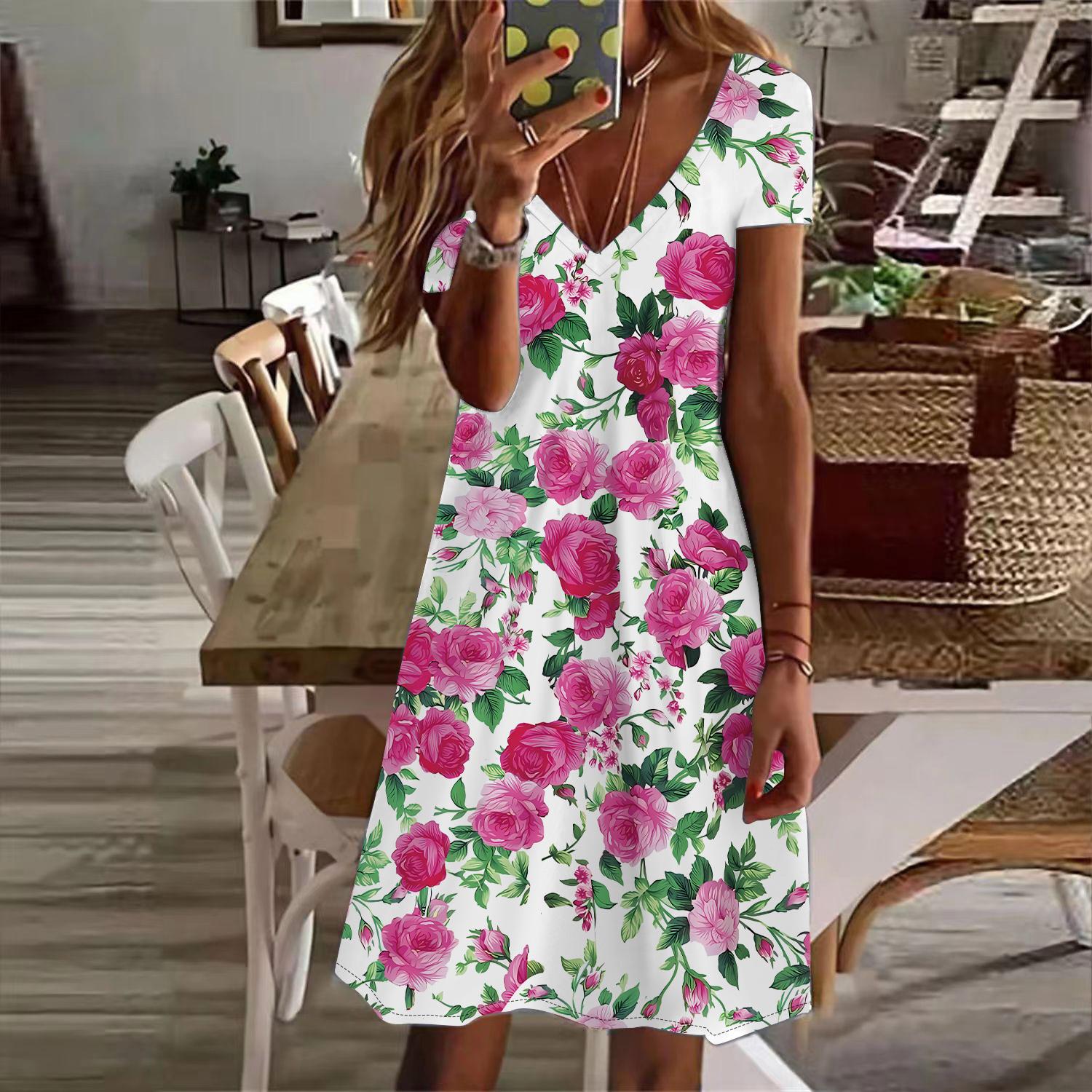 

Летняя мода женское платье с V-образным вырезом и коротким рукавом с принтом синего пиона сексуальное платье 8XL розовый