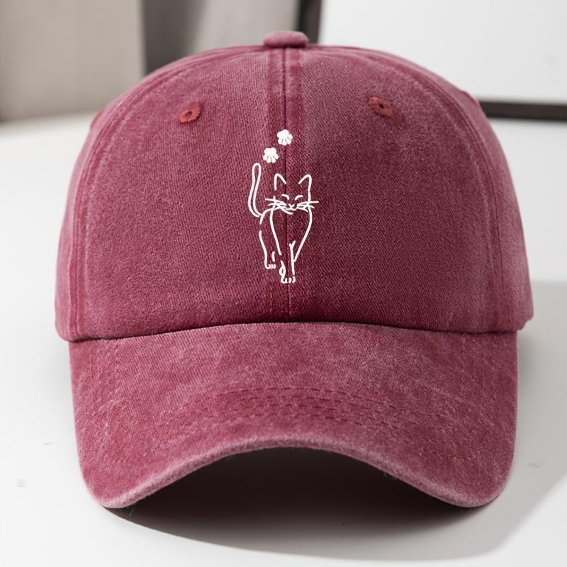 Cute cat printed baseball cap, retro washed denim curved hip hop hat, adjustable outdoor travel hat