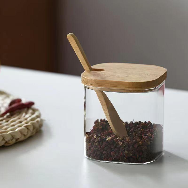 Three-Piece Glass Seasoning Jar Set with Wooden Salt Shaker and Sugar Bowl - Creative Kitchenware
