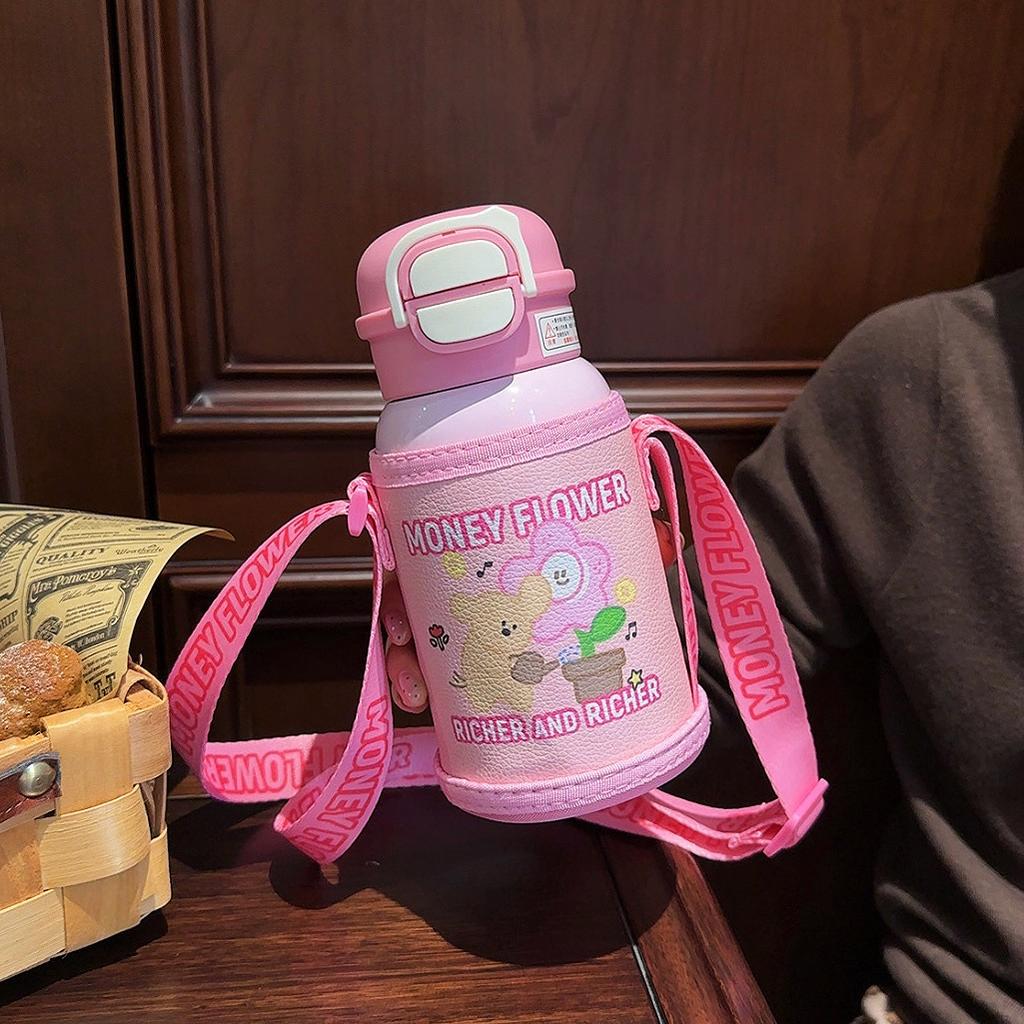Cartoon cute children's thermos cup with cup cover anti-drop straw water cup vacuum student strap cup exquisite gift