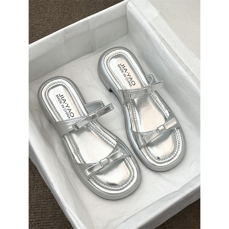 Silver French with Skirt One-word Thick-soled Slippers Women's Summer Fashion Outer Wear 2025 Sweet Bow Cool Slippers