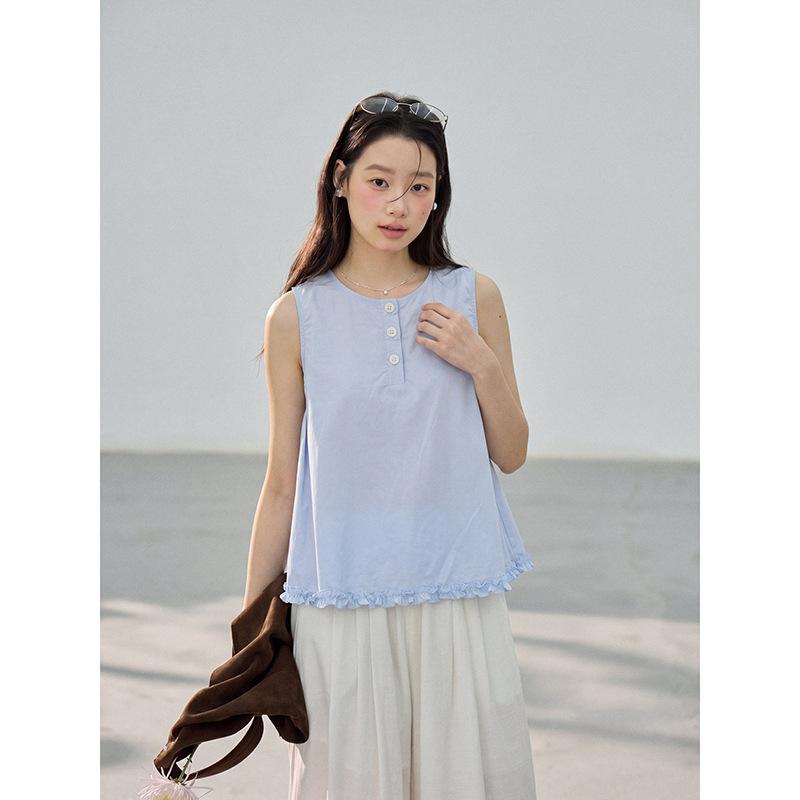 French Pleated Lace Vest Summer New Round Neck Button-down Sleeveless Top