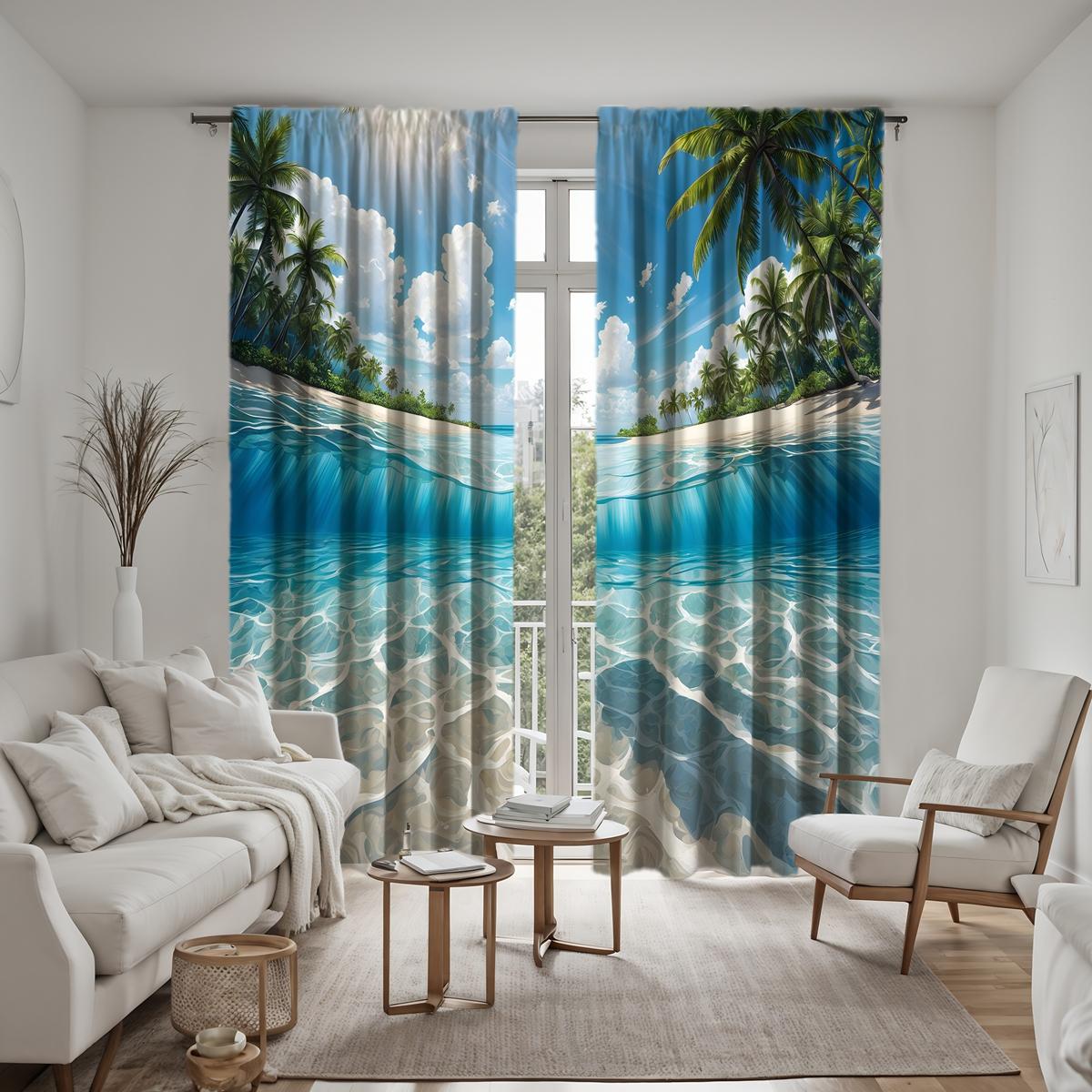 

2 шт. HD голубая вода голубое небо белые облака пейзаж декоративная занавеска Голубая цифровая печать занавеска украшение дома стиль деко W52H63inchW132H160cm