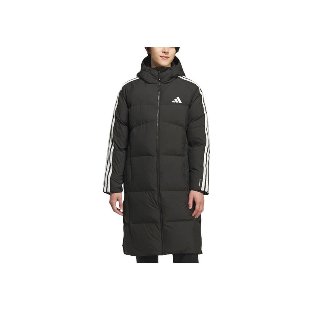 adidas 3-Stripes 3S L Down Jacket Warm Windproof Water-Resistant Duck Down Striped Zipper Hooded Long Coat Men Outerwear Black KC2498