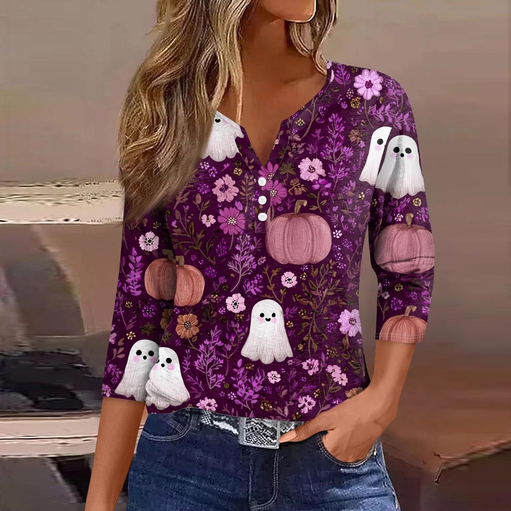 Women's V-Neck Button Halloween Three-quarter Sleeve T-Shirt Top