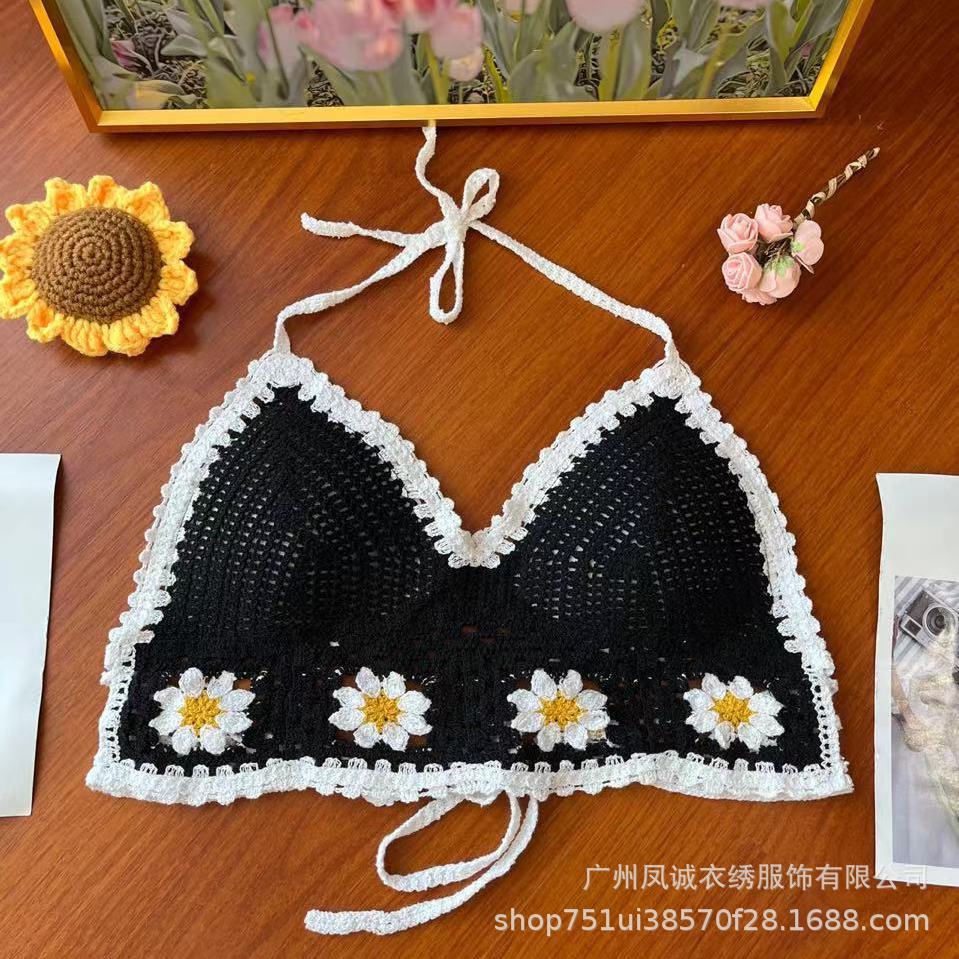 Be careful with the machine versatile vacation women's summer new suspender hollow crochet embroidery short vest women