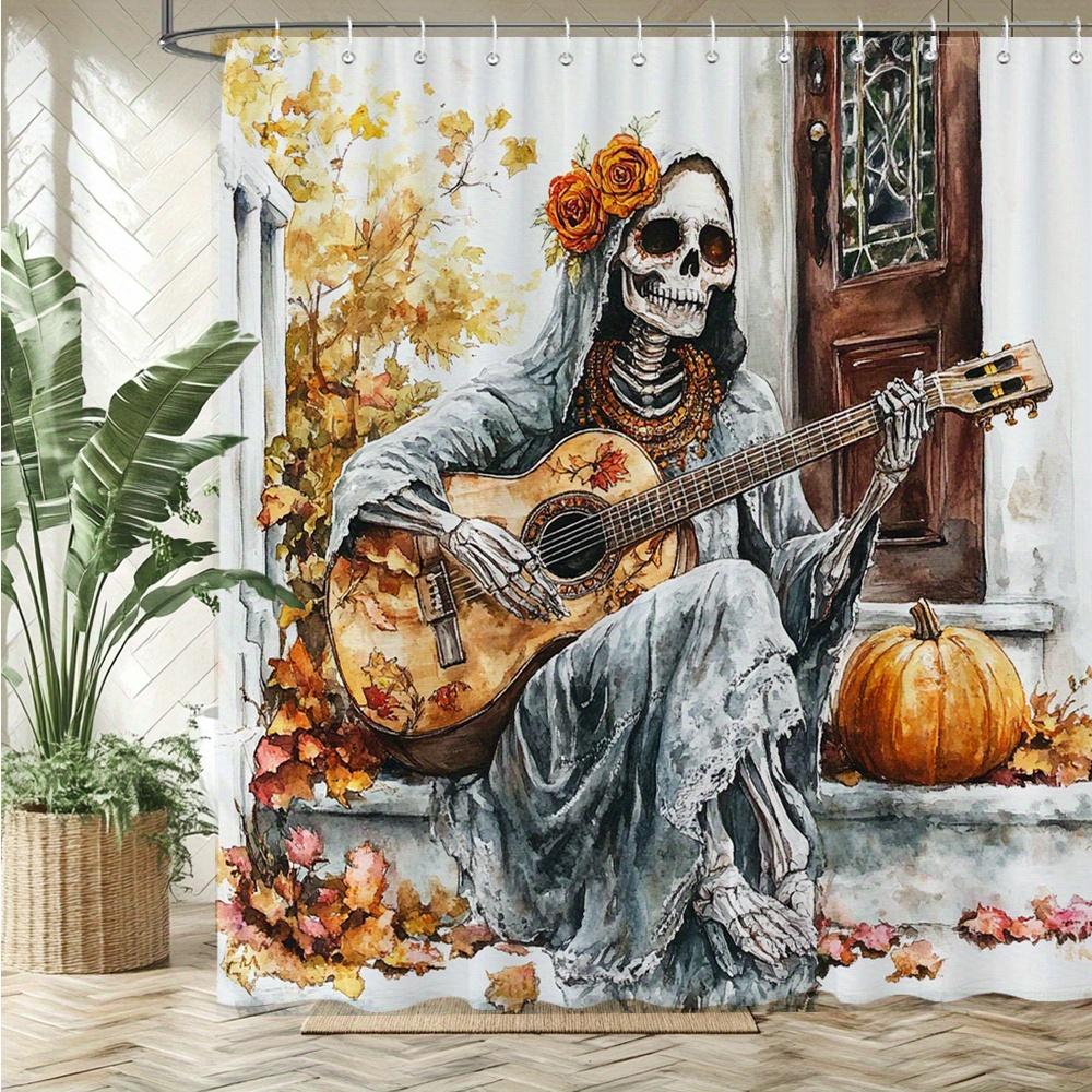 Spooky Skeleton Guitarist Waterproof Mildew-Resistant Shower Curtain - Halloween Design for a Haunted Bathroom Décor Experience
