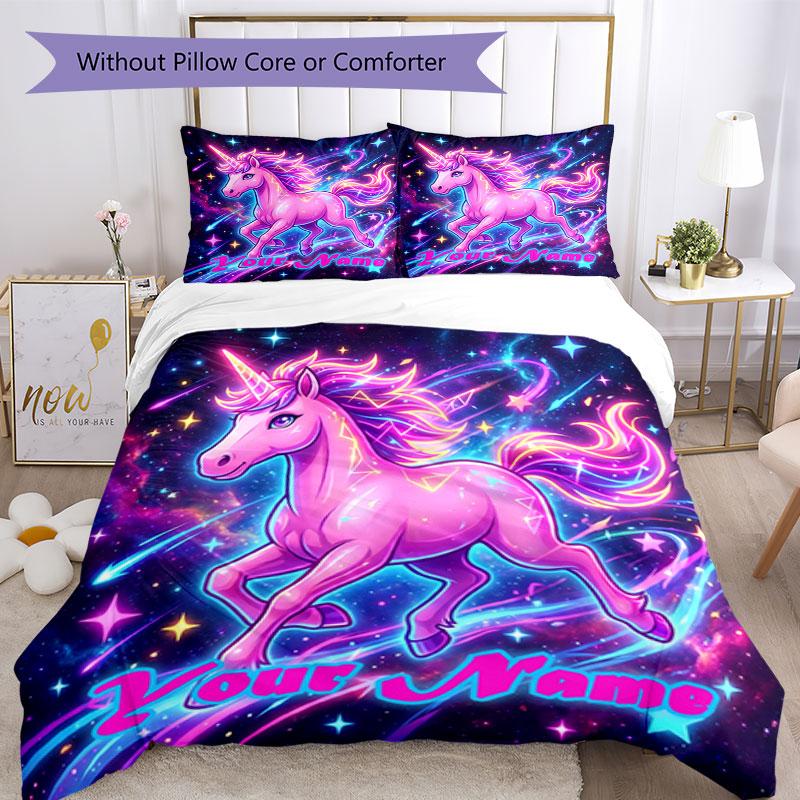 3pcs Custom Name Unicorn Magic Space Bedding Set Printed Bedding Set Duvet Cover Closure Includes 1 Duvet Cover & 2 Pillowcases Bedroom Decor