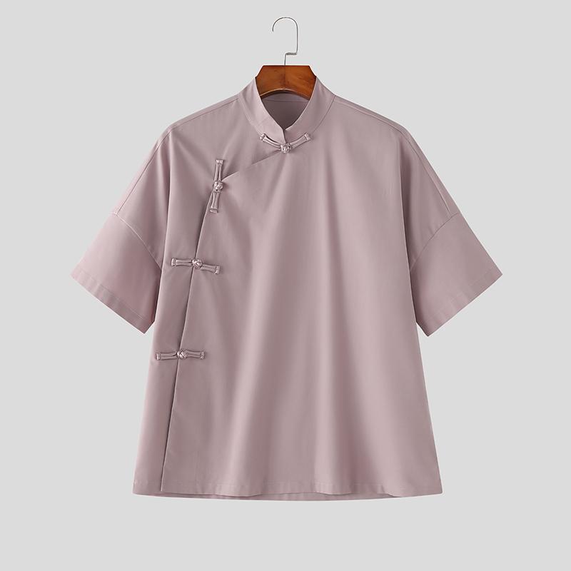 

INCERUN Summer Men Stand Neck Short Sleeve Side Buttons Casual Vintage Shirts Tops 5XL фіолетовий