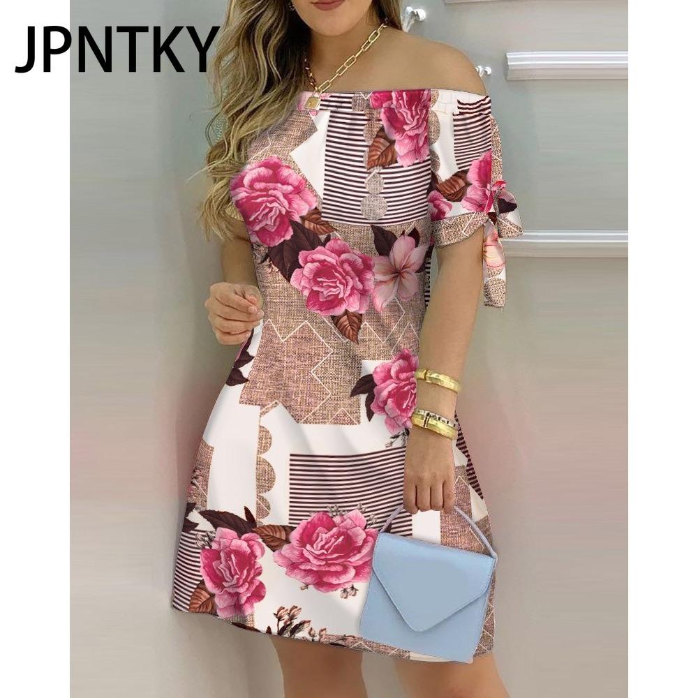JPNTKY Women Fashion Off Shoulder Dress Short Sleeve Bow Tie Print Dresses Summer Beach Dresses Plus Size