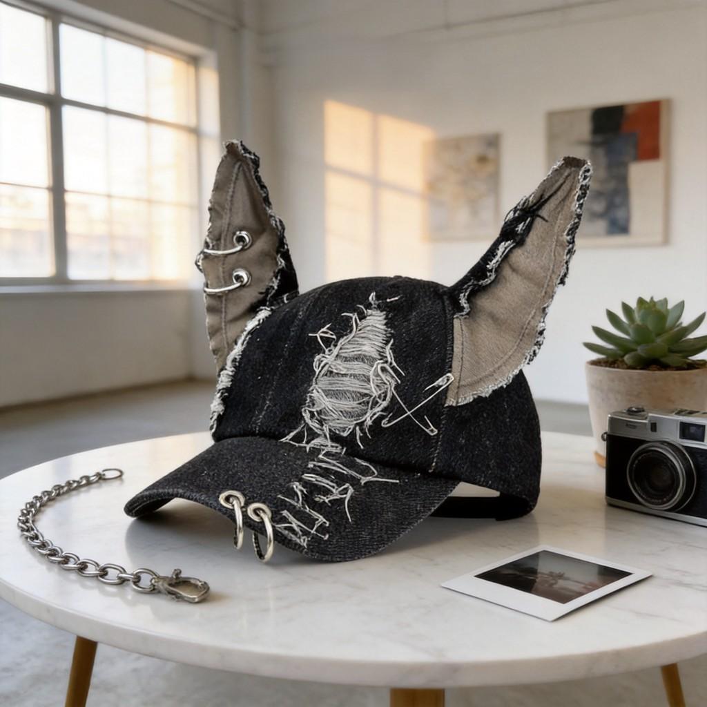 Y2k Postapocalyptic Style Denim Distressed Cap With Sun Protection For Streetwear Enthusiasts