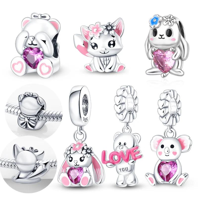 Copperpink Heart Series Cute Animals Bear Rabbit Charms Love Beads Fit Original Bracelet For Women Fine Jewelry Diy Gifts