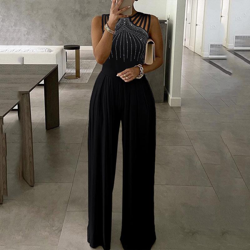 Women's Slimming Solid Color Jumpsuit with Brick Decoration - Summer Casual Long Pants