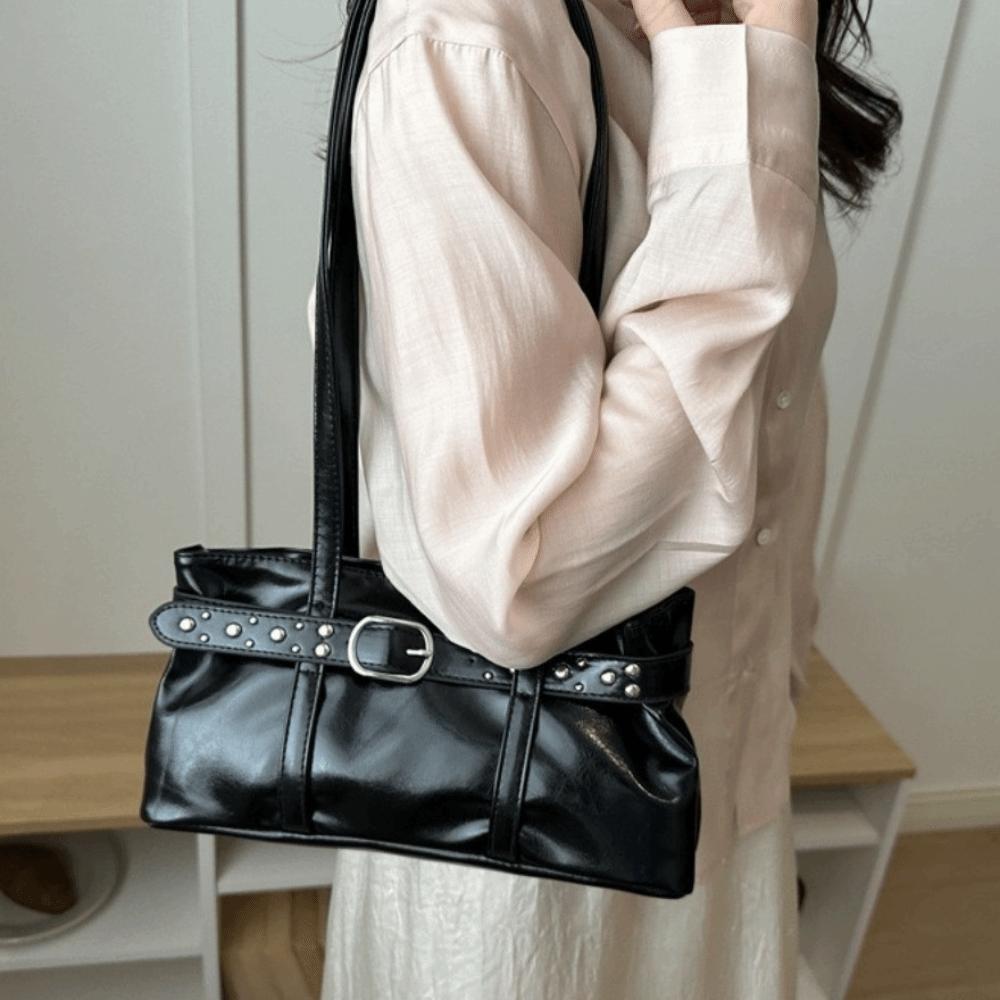 Rivet Belt Buckle Underarm Bag Large Capacity Tote Bag Trendy PU LeatherShoulder Bag Commute