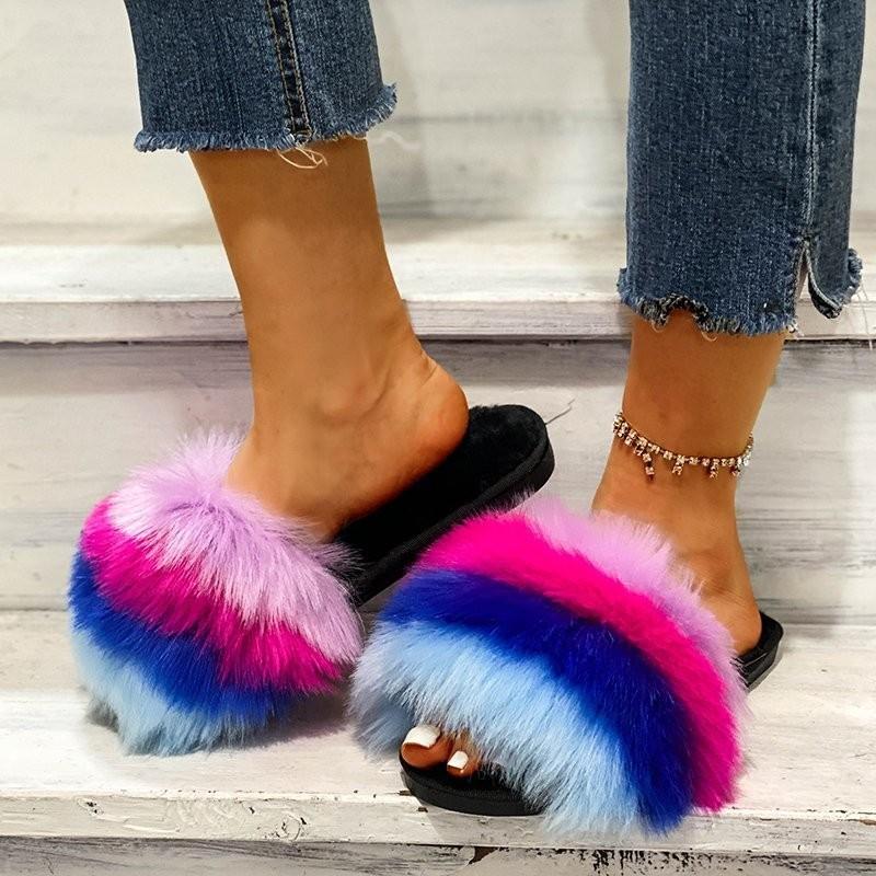 Stylish and comfortable light mouth spot niche design color matching flat heel flat bottom fluffy open-toed women's cotton slippers