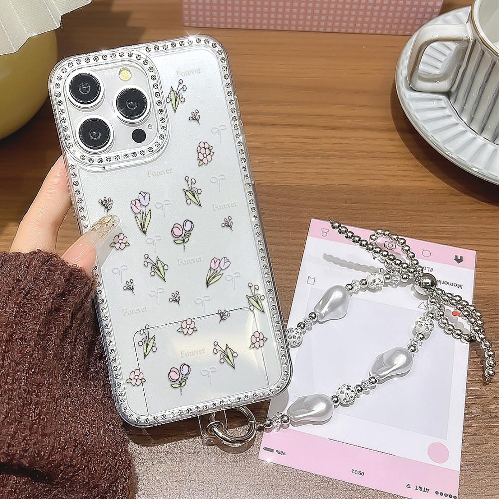 Bracelet Chain Phone Case For iPhone 17 16 15 13 14 for 17Air 17 12 14 16 Pro 17 14 16 Pro Max Sparking Diamond Cute Pattern Hard Cover With Lanyard