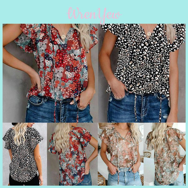 Elegant Womens Summer V Neck Short Sleeve T Shirt Featuring Vibrant Floral Print Design