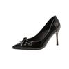 Beautiful 2025 new nude high heels women's stiletto bar mitzvah pointed bow French patent leather shoes