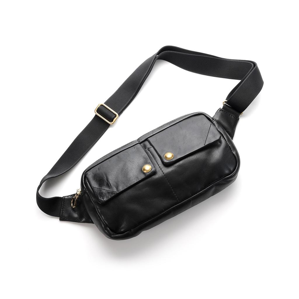 IJUN Men's Vintage Body Bag - Handmade Vegetable-Tanned Leather, Size Small (Black)