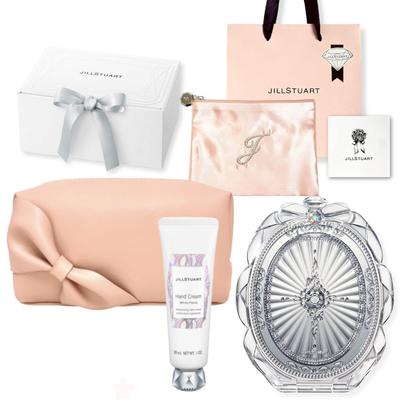 JILL STUART White Floral Hand Cream Compact Mirror Pouch Gift Set Authentic Gift Shopping and Message Gift-wrapped & (Includes Box, Bag, Card)