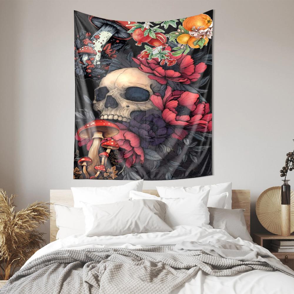 Mysterious Skull and Floral Tapestry  Dark Fantasy Art Home Decor Wall Hanging